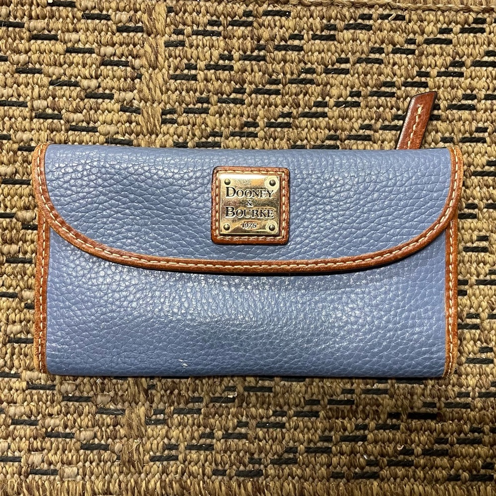 Dooney & Bourke Blue and Brown Leather Trifold Wallet.